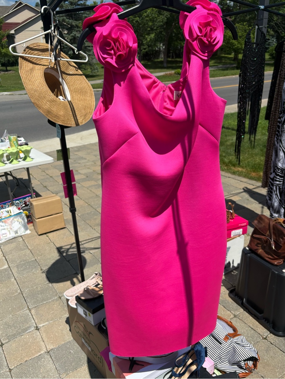 Eliza J Hot Pink Sleeveless Shift Dress with Rosette Straps